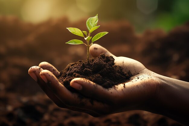 una mano sosteniendo una pequeña planta con las palabras "quot" manos sosteniéndola en la tierra