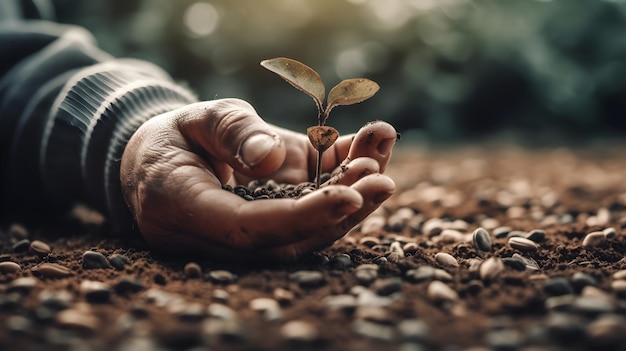 Una mano sosteniendo una pequeña planta en la tecnología de ai generativa de suciedad