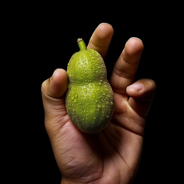 Una mano sosteniendo una pera con la palabra pera en ella