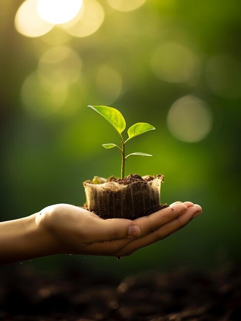 una mano sosteniendo una planta joven con el sol detrás de ella.