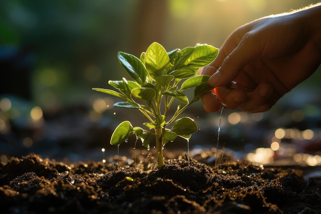 La mano sosteniendo la planta que crece en el suelo en el fondo del atardecer