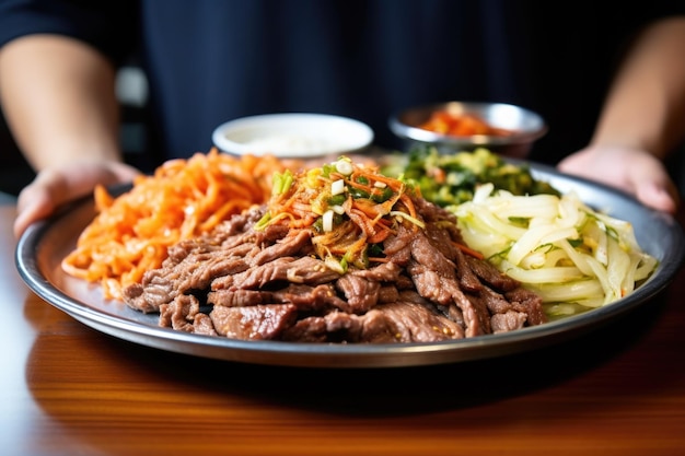 Mano sosteniendo un plato de bulgogi con guarniciones