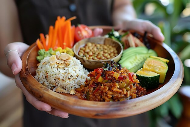 La mano sosteniendo un plato de comida especial indonesia