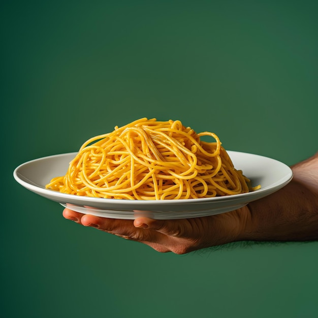 La mano sosteniendo un plato de espagueti cocido contra un fondo verde