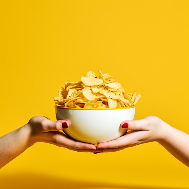 Una mano sosteniendo un plato de papas fritas aisladas en un fondo amarillo