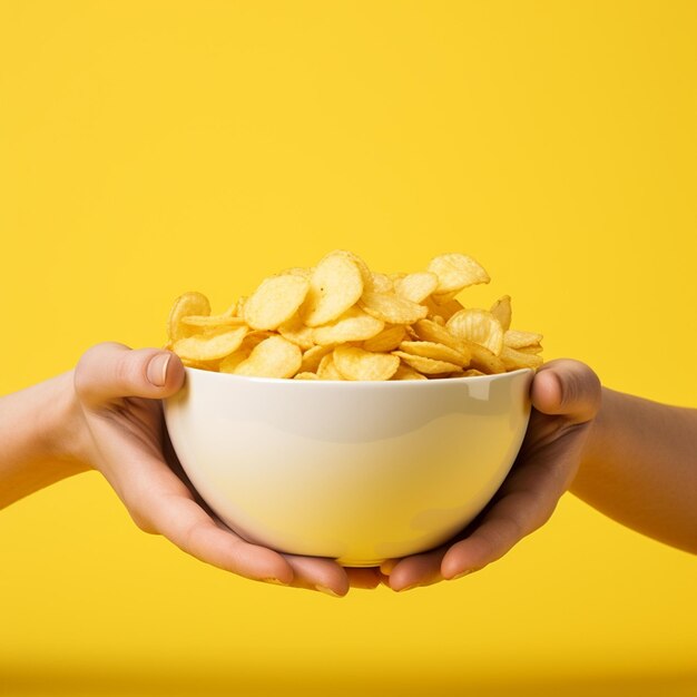 Foto una mano sosteniendo un plato de papas fritas aisladas en un fondo amarillo