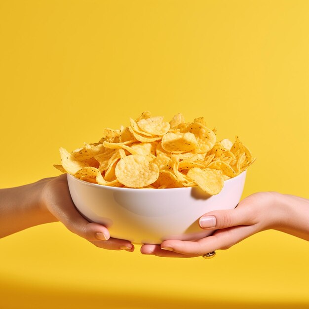 Foto una mano sosteniendo un plato de papas fritas aisladas en un fondo amarillo