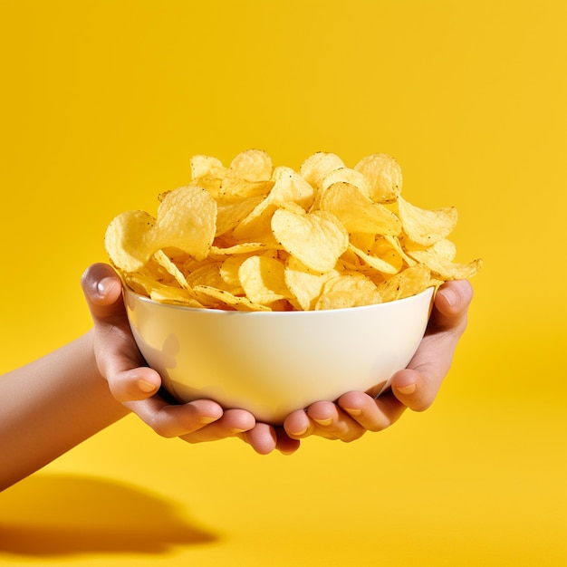 Una mano sosteniendo un plato de papas fritas aisladas en un fondo amarillo