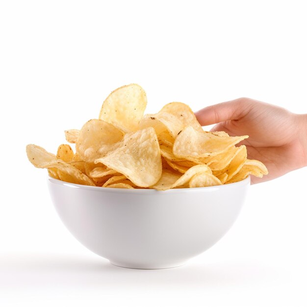Una mano sosteniendo un plato de papas fritas aisladas en un fondo blanco
