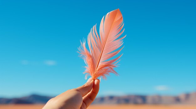 Foto mano sosteniendo una pluma en las montañas