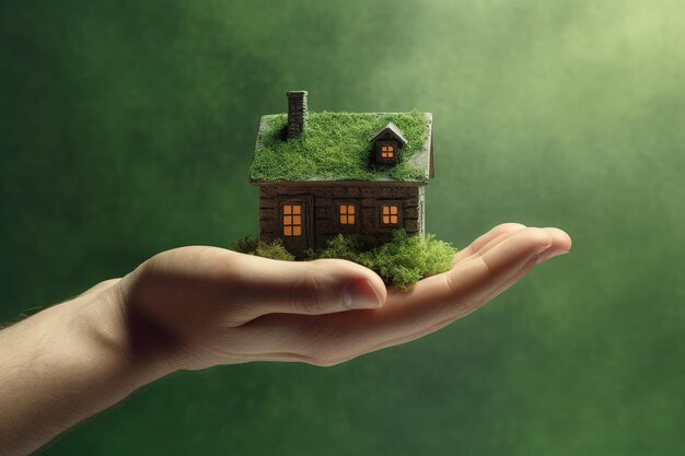Mano sosteniendo una propiedad de la casa y el concepto de inversión fondo verde ilustración digital Gener