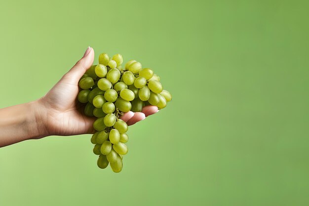 Mano sosteniendo un racimo de uvas verdes aislado sobre un fondo verde con espacio de copia