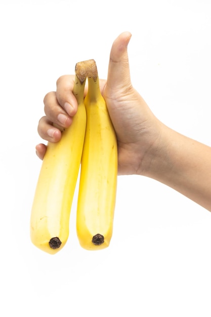 Mano sosteniendo un ramo de dos plátanos orgánicos frescos fruta deliciosa aislada en fondo blanco