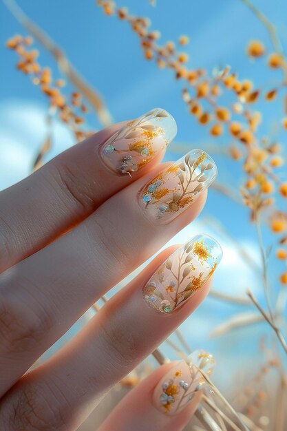 Una mano sosteniendo un ramo de flores amarillas con una uña manicurada