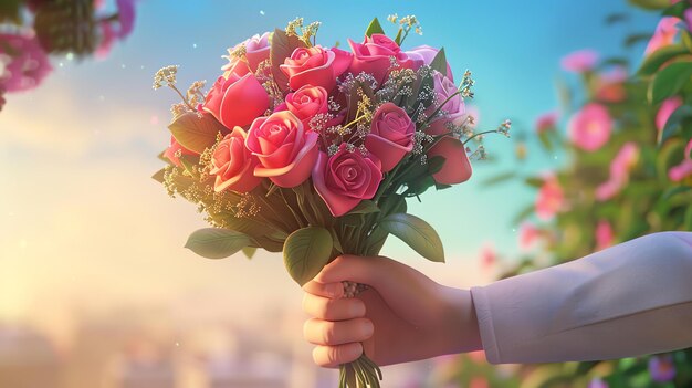 Una mano sosteniendo un ramo de rosas rosas El fondo es una imagen borrosa de un jardín con flores rosas La imagen es cálida e acogedora