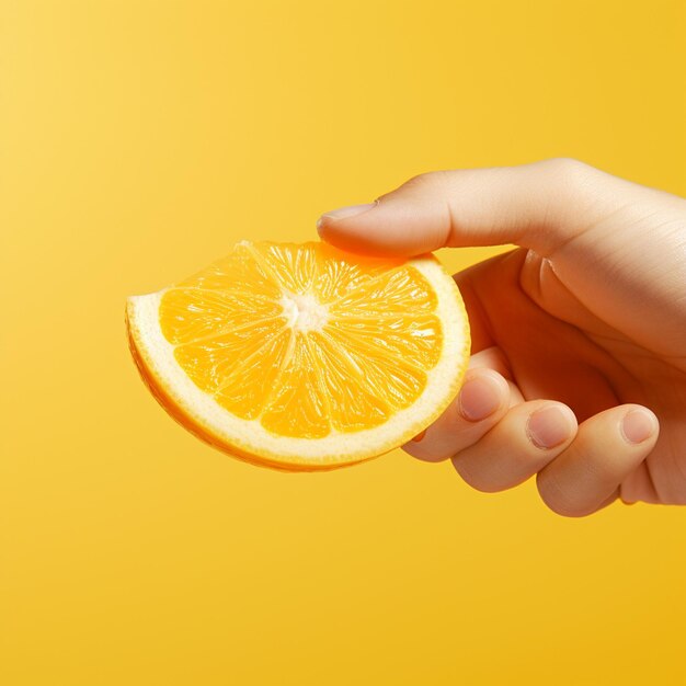 Una mano sosteniendo una rebanada de naranja fresca aislada sobre un fondo amarillo