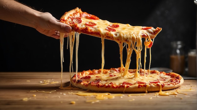 Una mano sosteniendo una rebanada de pizza con queso derretido