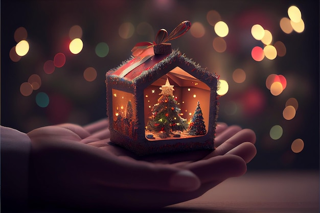 Mano sosteniendo un regalo Hay un árbol de Navidad decorado en el fondo con luces