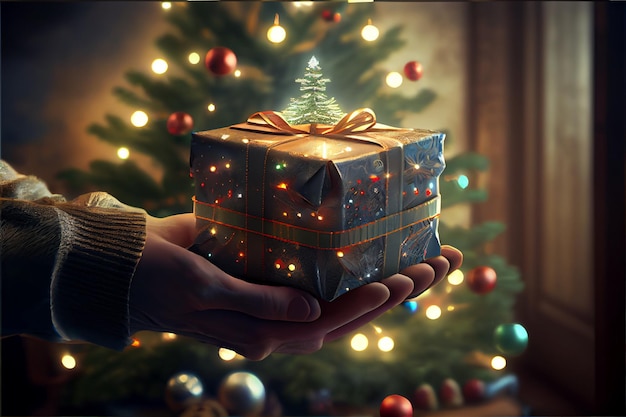 Mano sosteniendo un regalo Hay un árbol de Navidad decorado en el fondo con luces