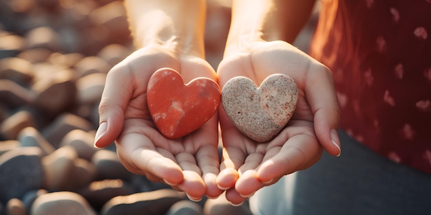 La mano sosteniendo rocas en forma de corazón