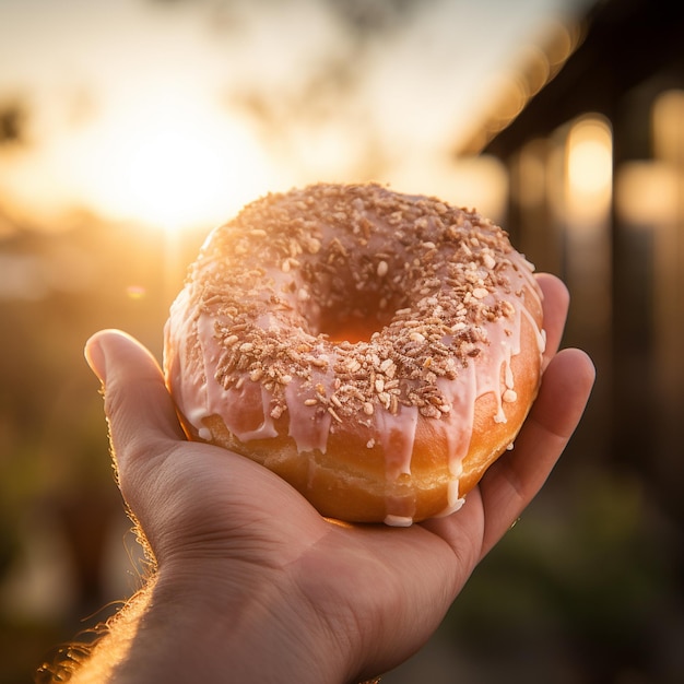 una mano sosteniendo una rosquilla recién horneada con un sabor único