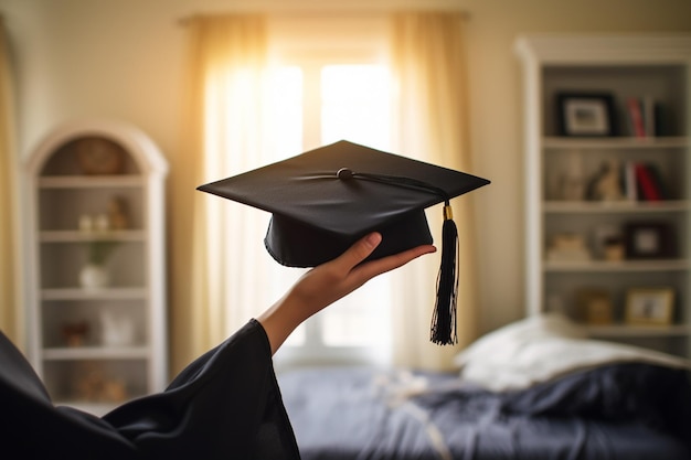 mano sosteniendo el sombrero de graduación en el fondo del estilo bokeh del baño