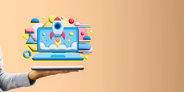 La mano sosteniendo una tableta con un cohete colorido que se lanza desde una pantalla de portátil que simboliza el crecimiento de la startup y la innovación digital