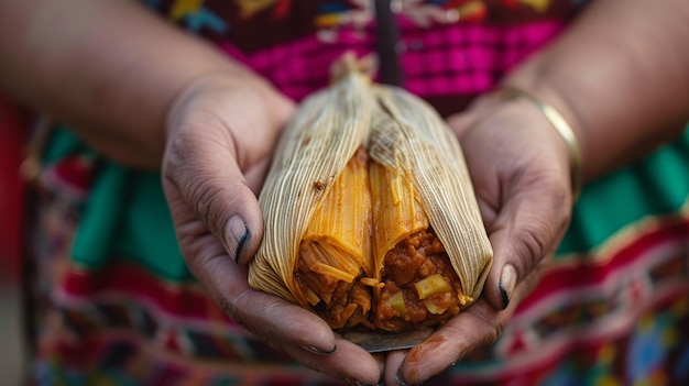 La mano sosteniendo un tamale mexicano