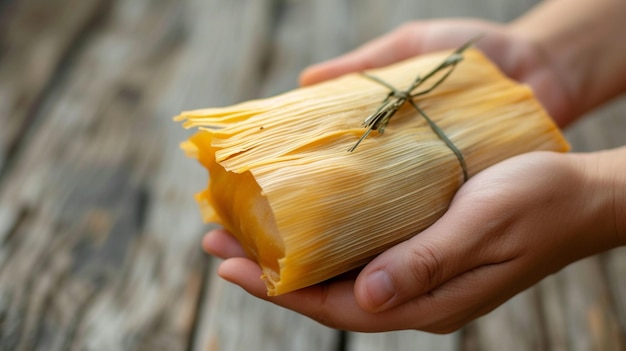 La mano sosteniendo un tamale mexicano