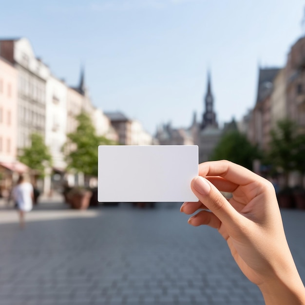 una mano sosteniendo una tarjeta blanca que dice "una tarjeta blanca".