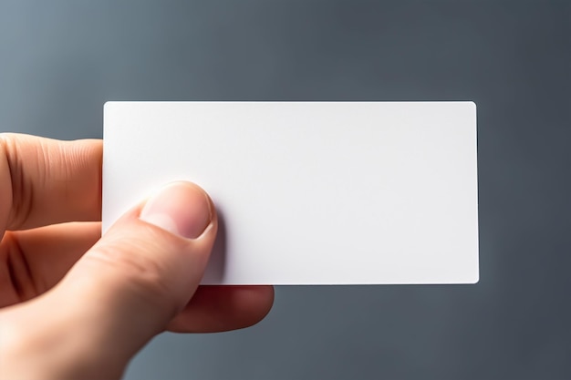 Mano sosteniendo una tarjeta de visita en blanco sobre un fondo gris maqueta de cierre