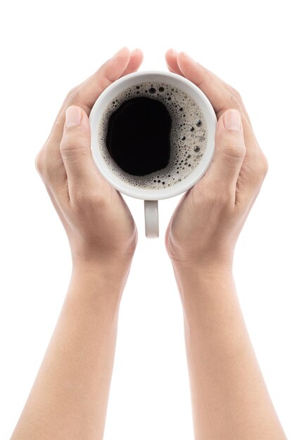 Foto mano sosteniendo una taza de café aislada en un fondo blanco