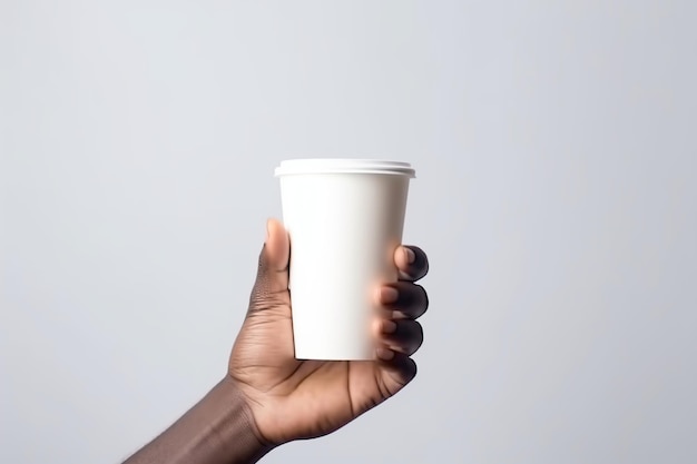 Mano sosteniendo una taza de café en blanco estilo simulacro generado por IA