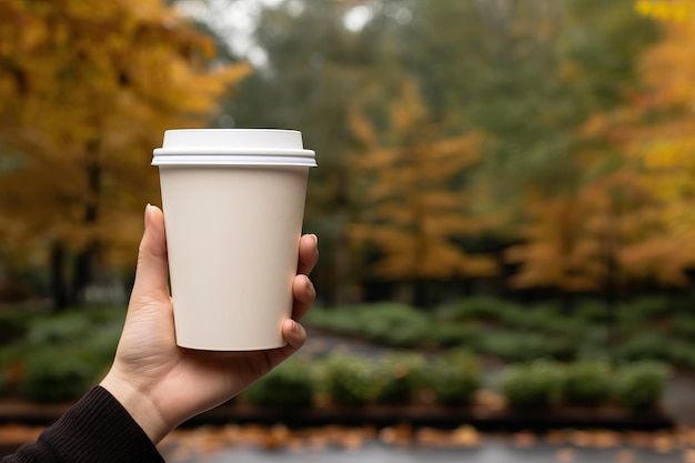 Mano sosteniendo una taza de café en blanco, maqueta de café para llevar, espacio de copia, foto de primer plano para marca