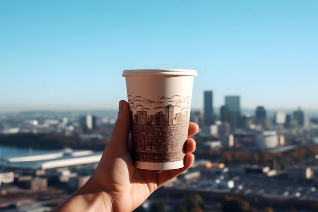 Una mano sosteniendo una taza de café frente a un paisaje urbano IA generativa