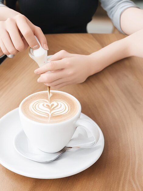 Mano sosteniendo una taza de café con leche Día internacional del café Una mujer sentada en una mesa con una taza