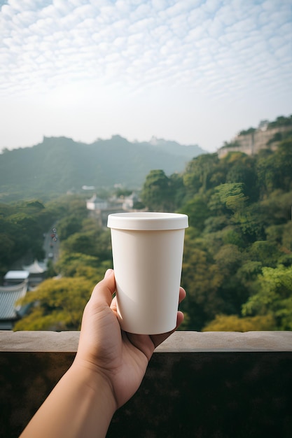 una mano sosteniendo una taza de cerámica blanca de café frente a la cafetería