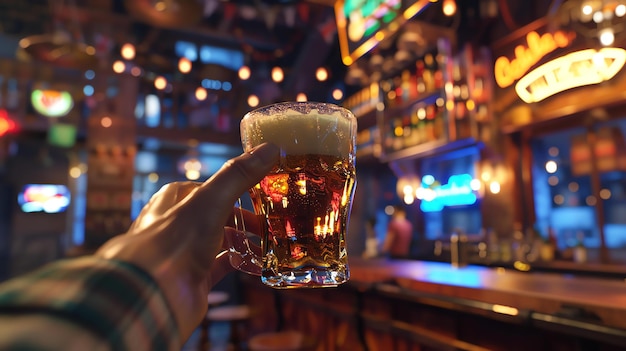 Foto una mano sosteniendo una taza de cerveza en un bar o pub la taza está llena de una cerveza de color dorado y tiene una cabeza blanca de espuma