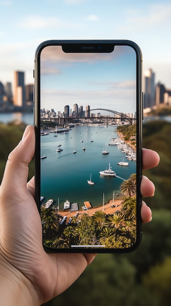 Foto una mano sosteniendo un teléfono con una ciudad y un puente