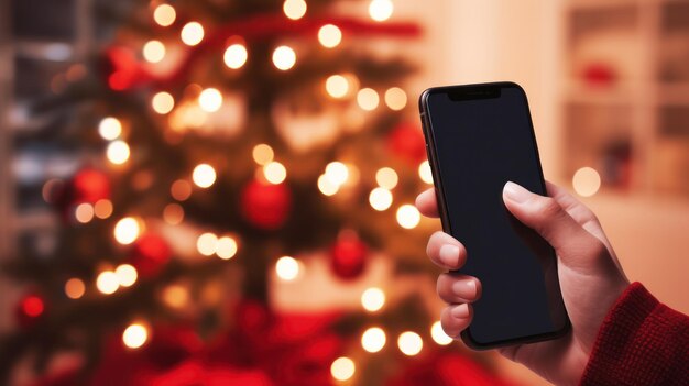 Foto una mano sosteniendo un teléfono con un fondo de árbol de navidad