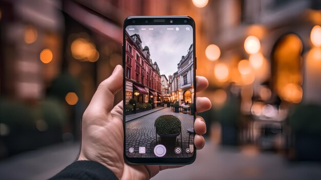 Una mano sosteniendo un teléfono con una foto de una calle de la ciudad al fondo