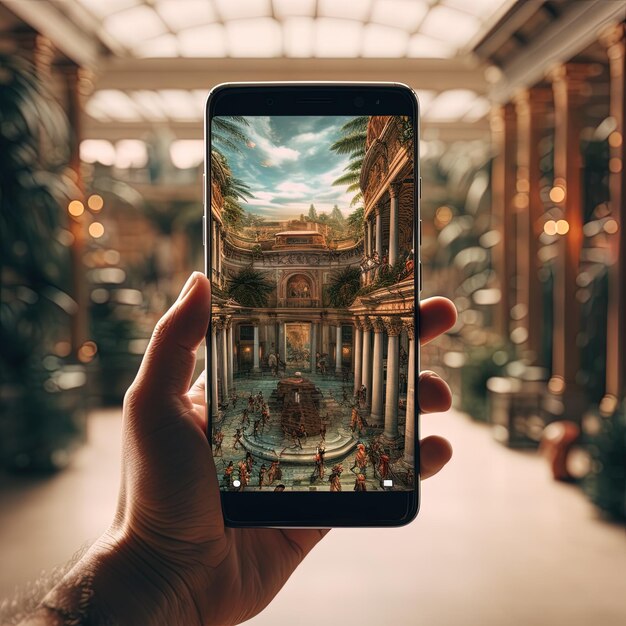 Foto una mano sosteniendo un teléfono con una imagen de un edificio en la pantalla