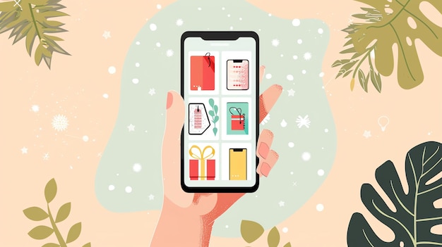 Una mano sosteniendo un teléfono inteligente con una aplicación de compras abierta La aplicación muestra una variedad de productos que incluyen ropa, zapatos y accesorios