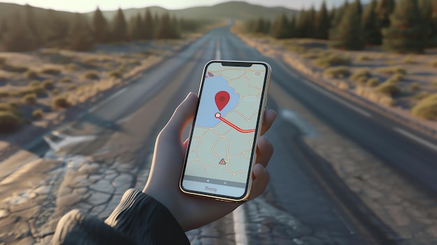 Una mano sosteniendo un teléfono inteligente con una aplicación de mapas en la pantalla El mapa muestra una ruta desde la ubicación actual del usuario hasta un destino