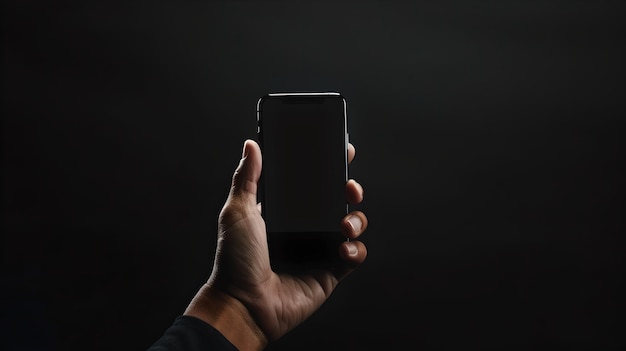 Una mano sosteniendo un teléfono inteligente contra un fondo oscuro Concepto de comunicación moderno en un estilo simple Ideal para visuales con temática tecnológica IA