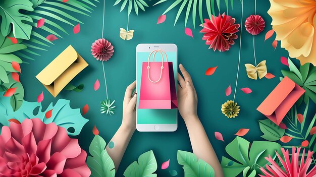 Una mano sosteniendo un teléfono inteligente con un icono de bolsa de compras en la pantalla El fondo está decorado con hojas y flores tropicales