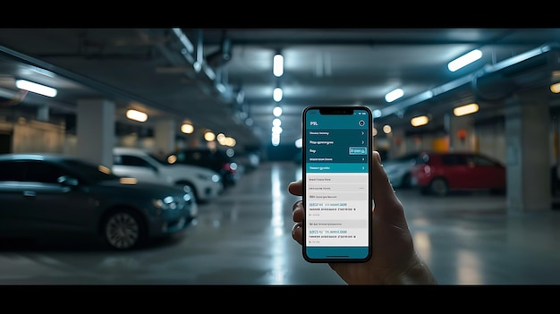 Foto una mano sosteniendo un teléfono inteligente con un mapa de un garaje de estacionamiento en la pantalla el garaje está débilmente iluminado y hay coches estacionados en el fondo
