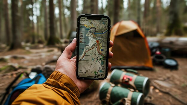 Foto una mano sosteniendo un teléfono inteligente con un mapa de la zona en la pantalla en el fondo hay una tienda y algunos equipos de campamento