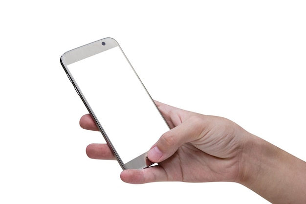 mano sosteniendo un teléfono inteligente móvil aislado en fondo blanco