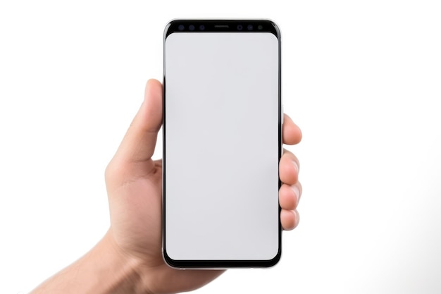 Mano sosteniendo un teléfono inteligente negro con una maqueta de pantalla blanca en blanco aislada sobre fondo blanco Teléfono con un diseño moderno sin marco para aplicaciones de sitios web y publicidad
